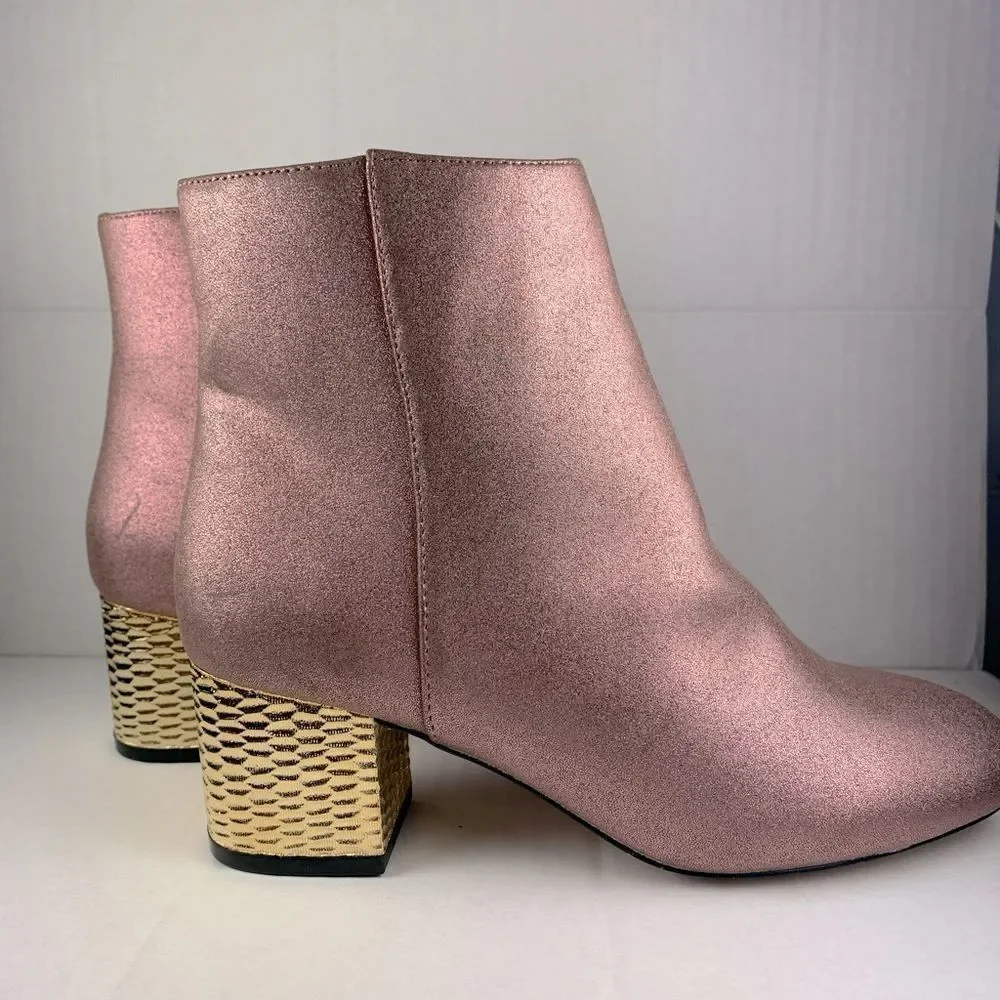 ASOS pink shimmer ankle bootie gold textured gold block heels